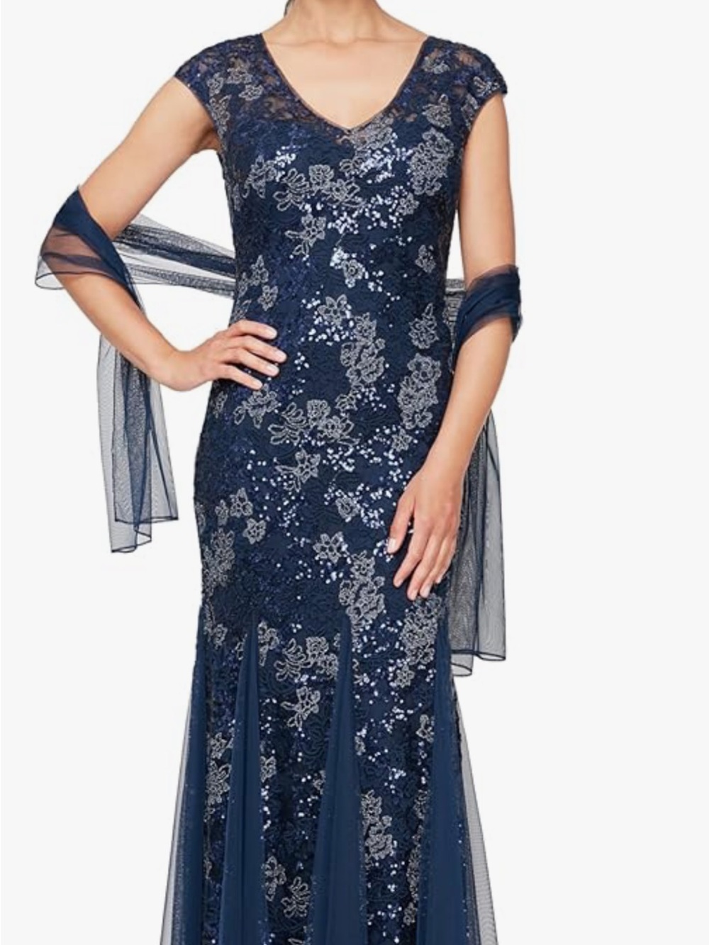Alex Evenings Navy Sequin Lace Maxi Gown